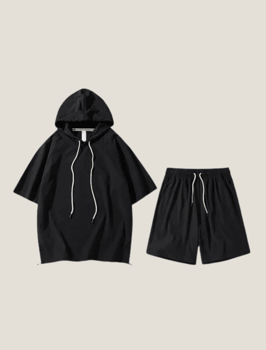 Men's Short Sleeve Hoodie Two Piece Set with Shorts