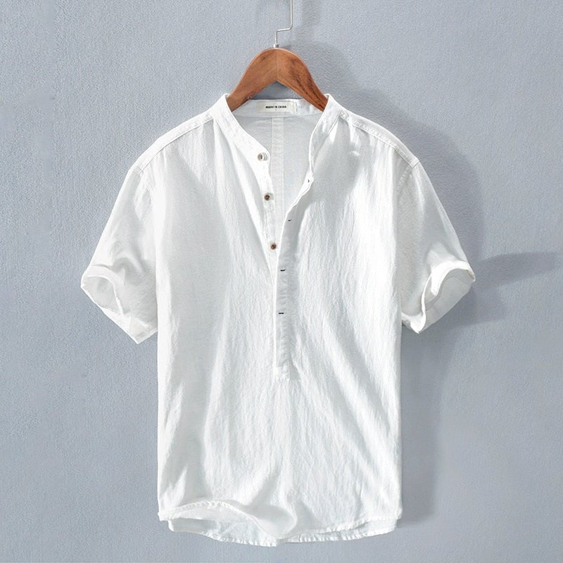 Men’s Short Sleeve Open - Neck Linen Summer Shirt – Relaxed Lightweight Silhouette