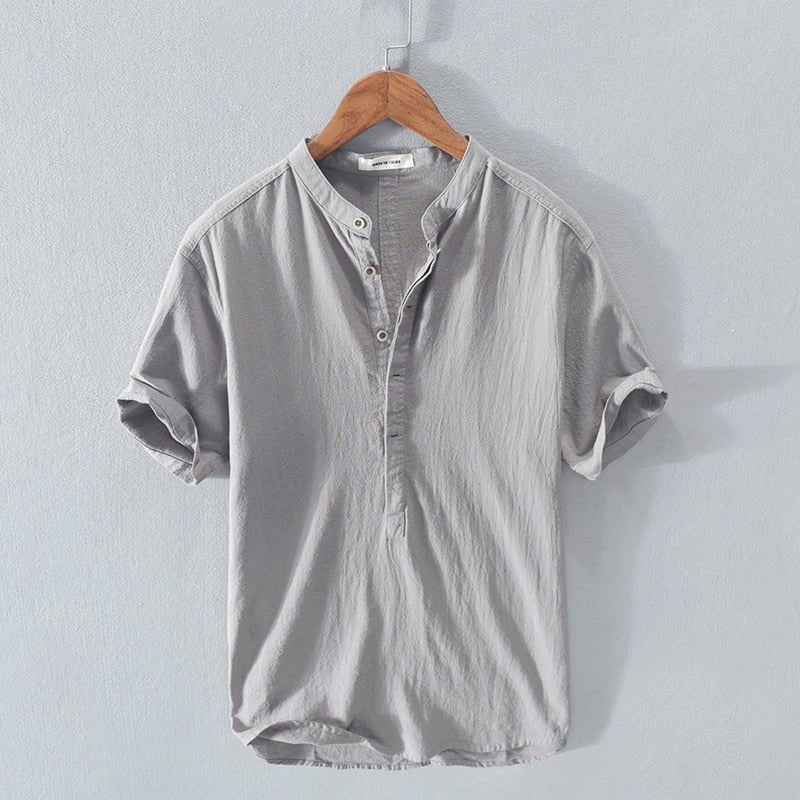 Men’s Short Sleeve Open - Neck Linen Summer Shirt – Relaxed Lightweight Silhouette