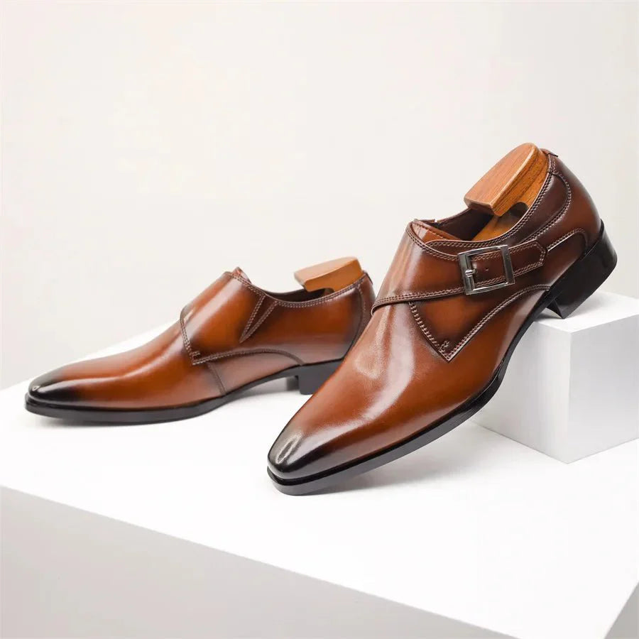 Men’s Single Monk Strap Dress Shoes with Buckle Closure and Rounded Toe