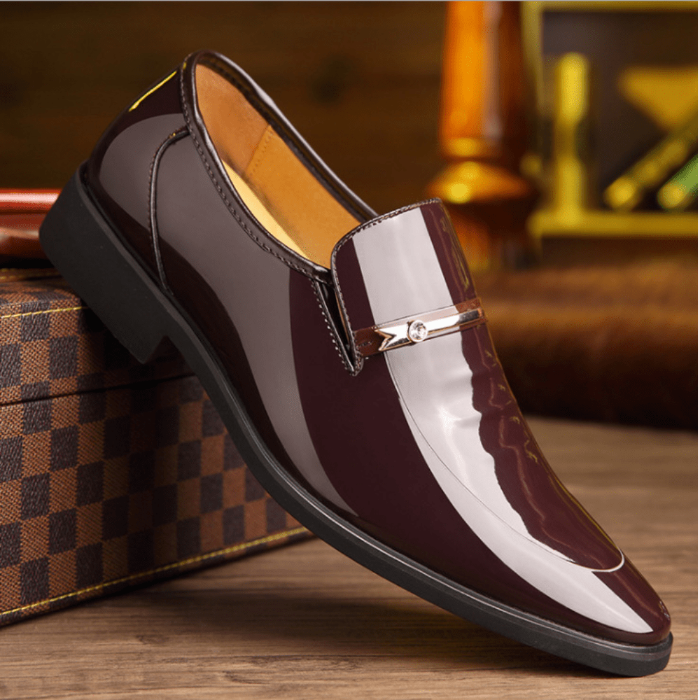 Men’s Slip - On Dress Shoes with Gloss Finish and Metal Strap Detail