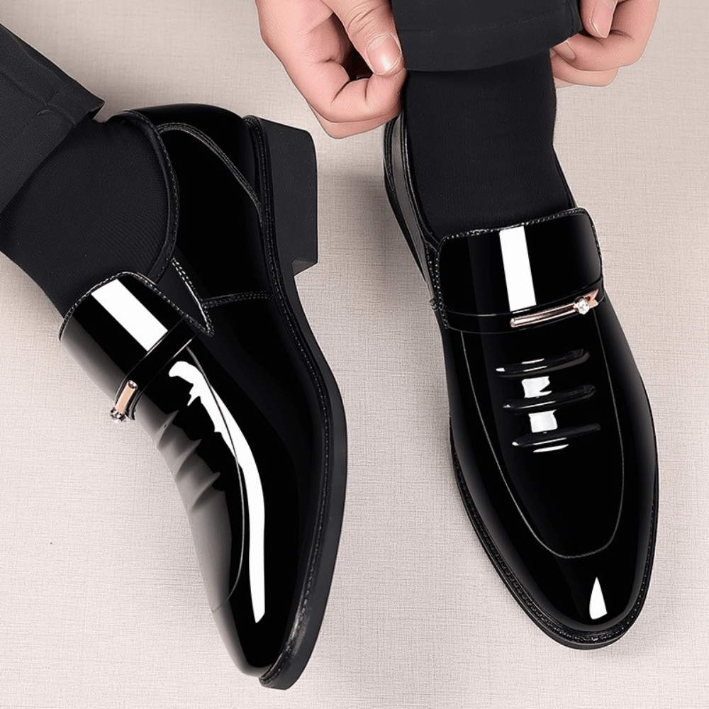 Men’s Slip - On Dress Shoes with Gloss Finish and Metal Strap Detail