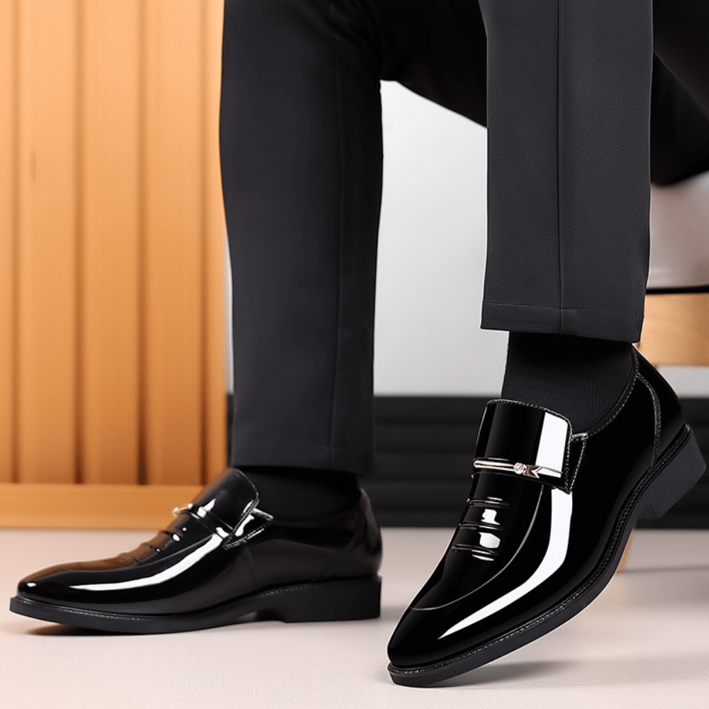 Men’s Slip - On Dress Shoes with Gloss Finish and Metal Strap Detail