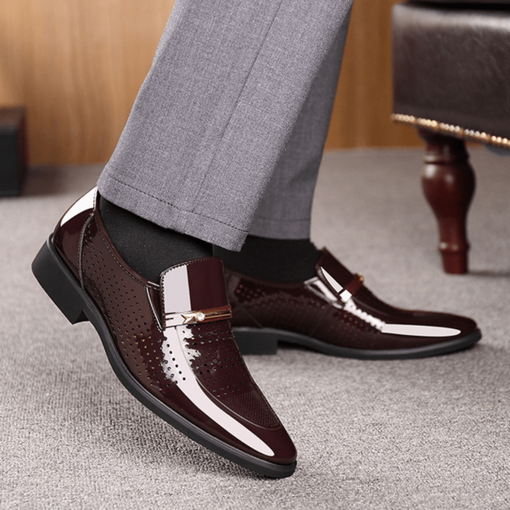 Men’s Slip - On Dress Shoes with Gloss Finish and Metal Strap Detail