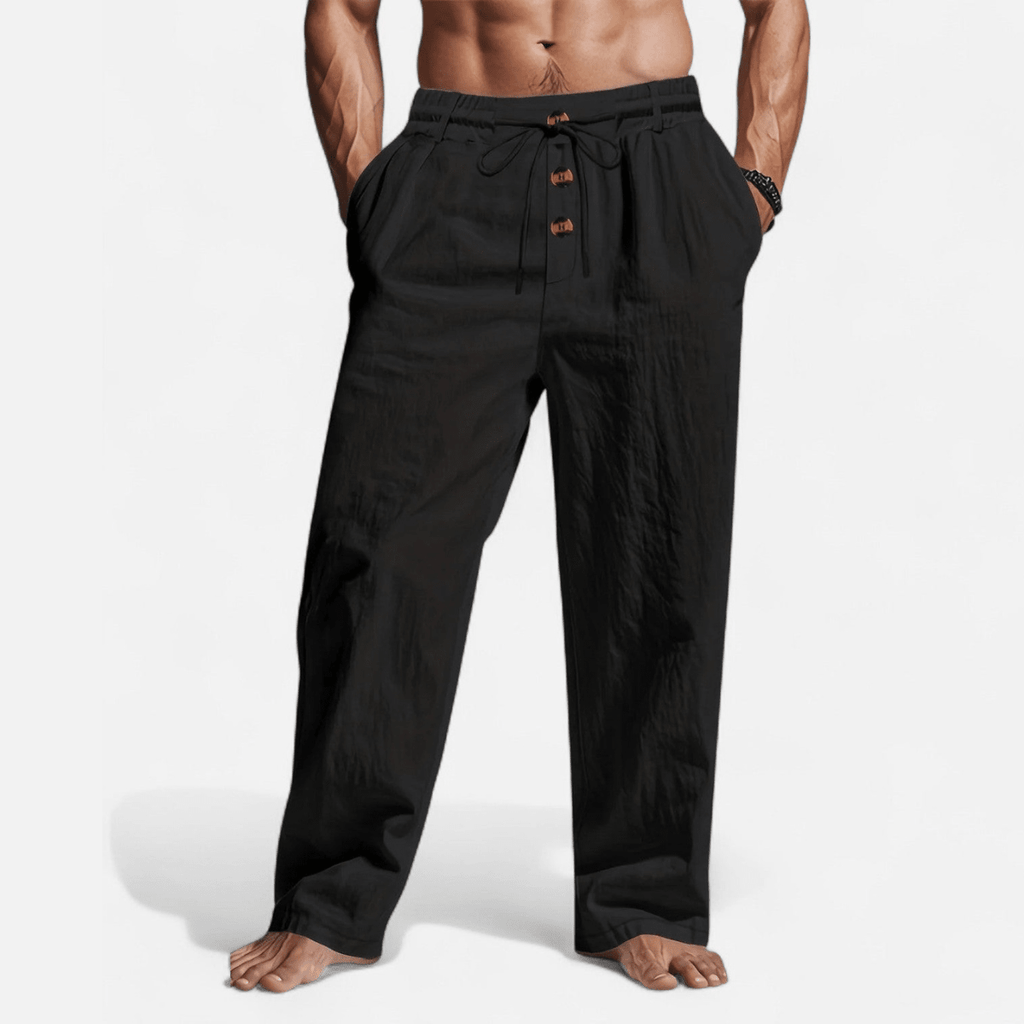Men’s Straight - Leg Linen Pants with Elastic Waistband, Drawstring, and Button Detail