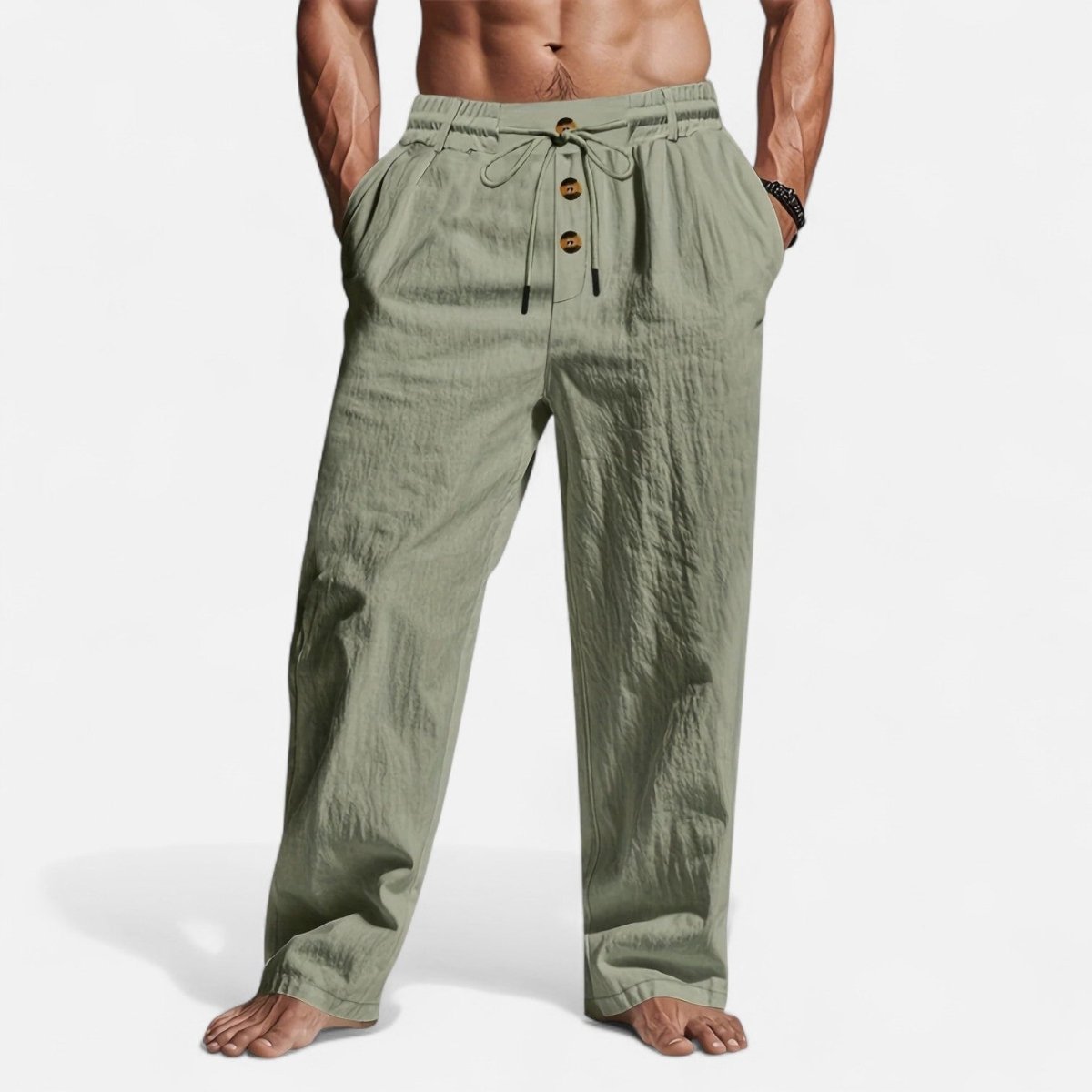 Men’s Straight - Leg Linen Pants with Elastic Waistband, Drawstring, and Button Detail