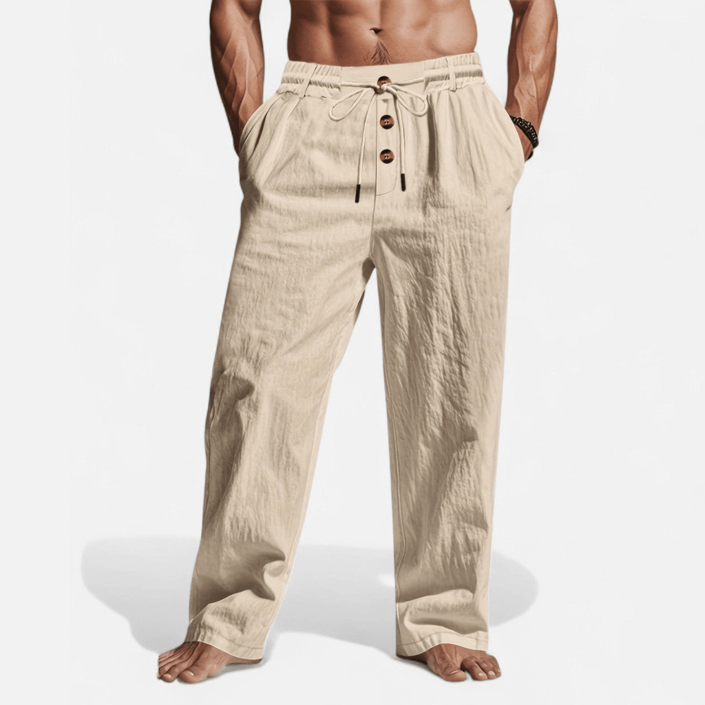 Men’s Straight - Leg Linen Pants with Elastic Waistband, Drawstring, and Button Detail