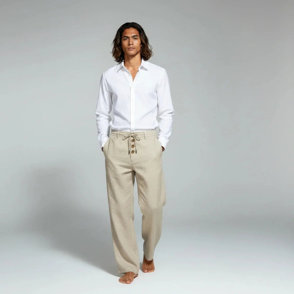 Men’s Straight - Leg Linen Pants with Elastic Waistband, Drawstring, and Button Detail