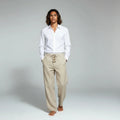 Men’s Straight - Leg Linen Pants with Elastic Waistband, Drawstring, and Button Detail