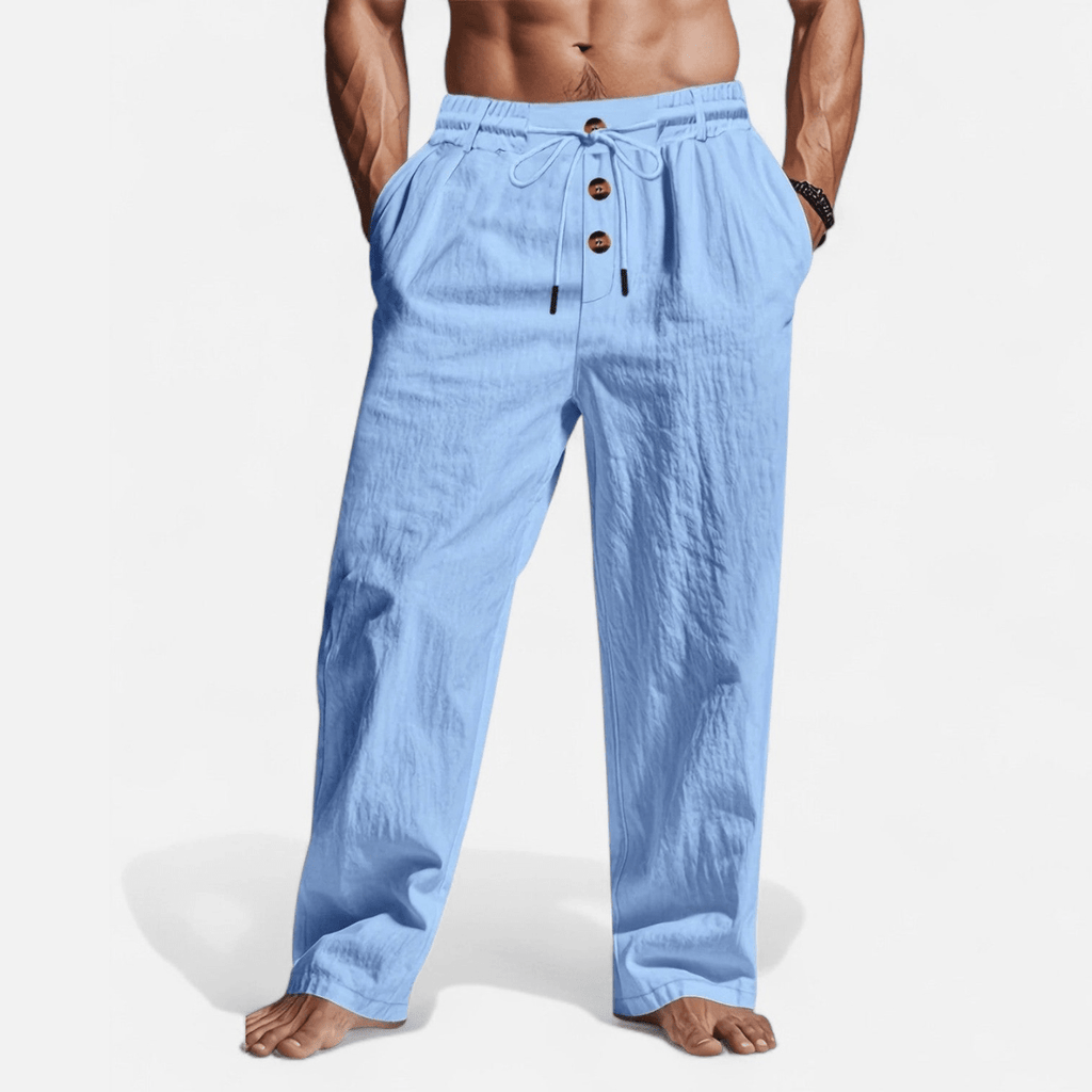 Men’s Straight - Leg Linen Pants with Elastic Waistband, Drawstring, and Button Detail