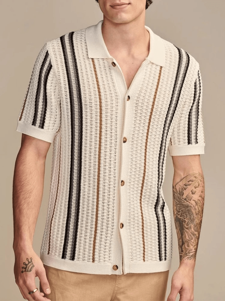 Men's Striped Knit Short Sleeve Polo Button - Up