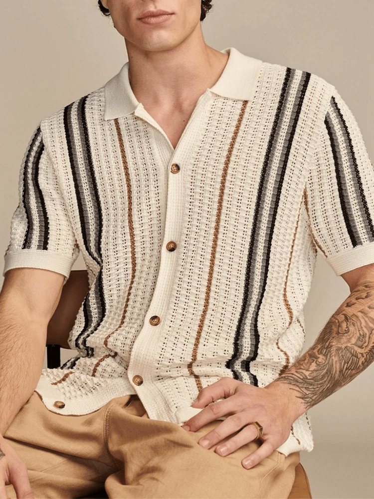 Men's Striped Knit Short Sleeve Polo Button - Up