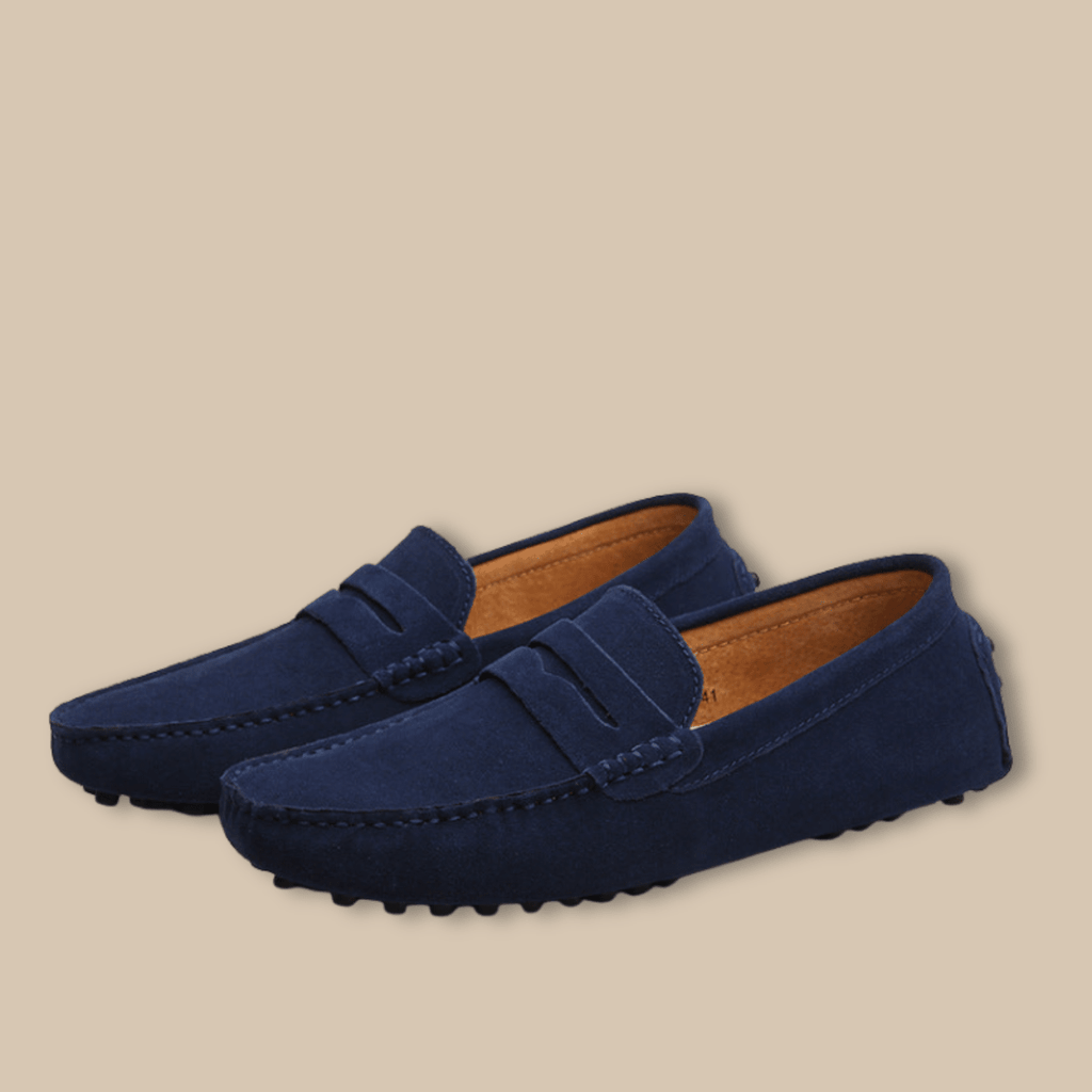 Men’s Suede Slip - On Loafers with Penny Strap and Moc Toe Stitching