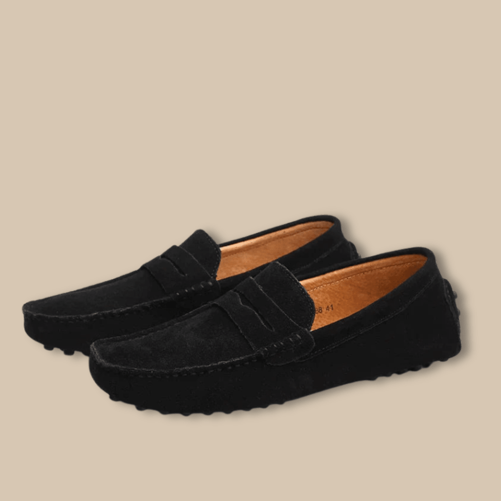 Men’s Suede Slip - On Loafers with Penny Strap and Moc Toe Stitching