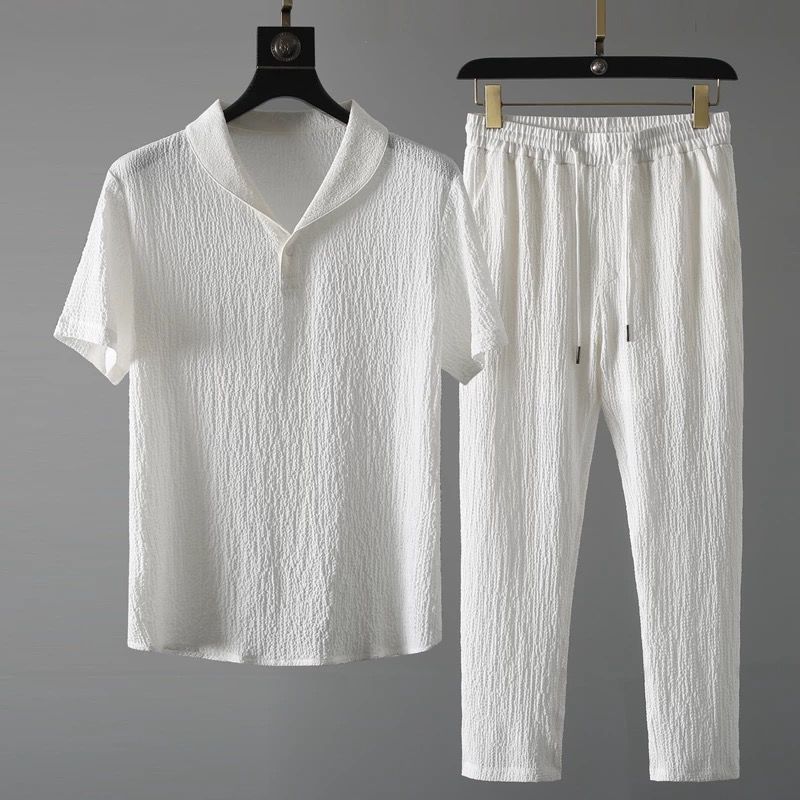 Men’s Summer Two - Piece Relaxed Set – Short Sleeve Top and Drawstring Trousers
