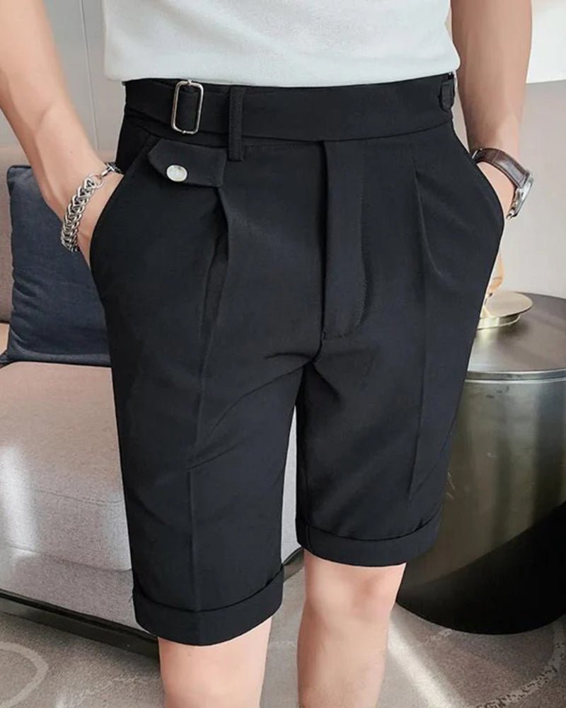 Men’s Tailored Knee - Length Shorts with Front Pleats and Waist Buckle Detail