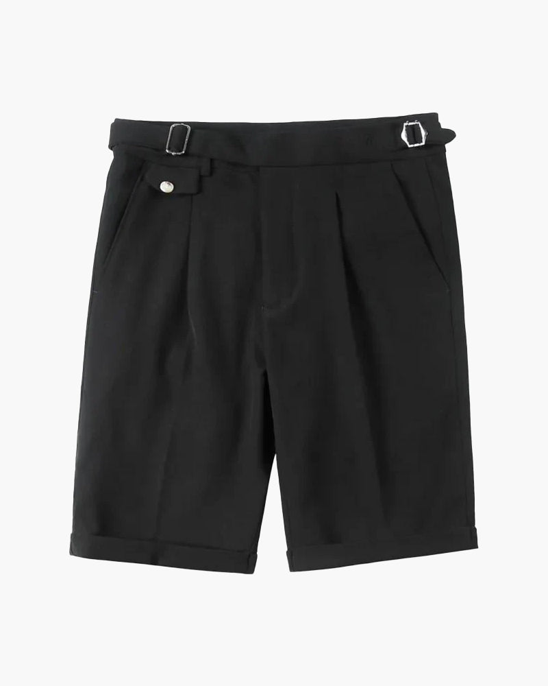 Men’s Tailored Knee - Length Shorts with Front Pleats and Waist Buckle Detail