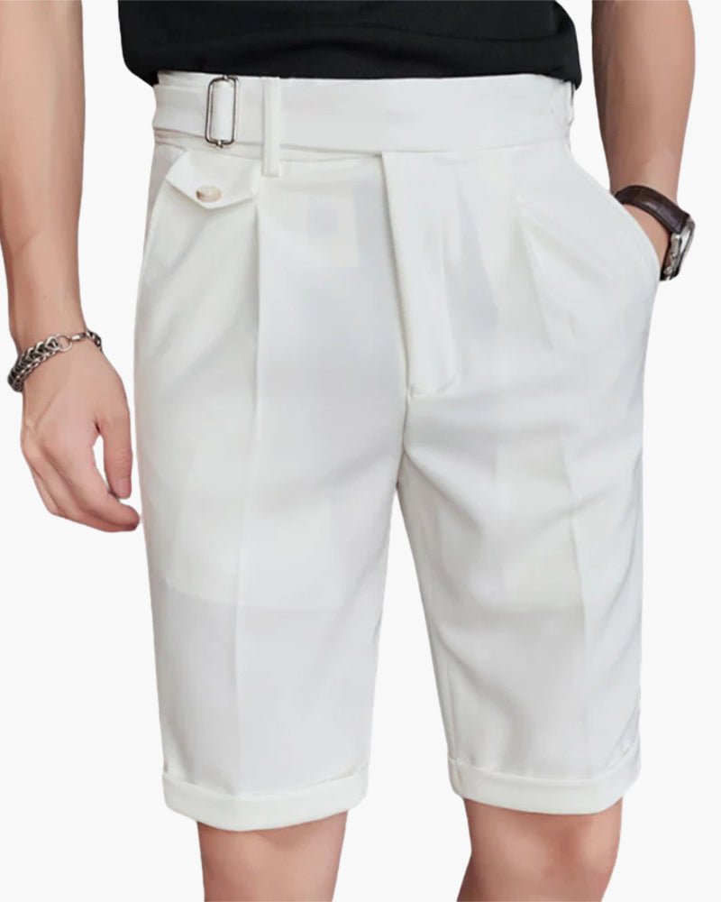 Men’s Tailored Knee - Length Shorts with Front Pleats and Waist Buckle Detail