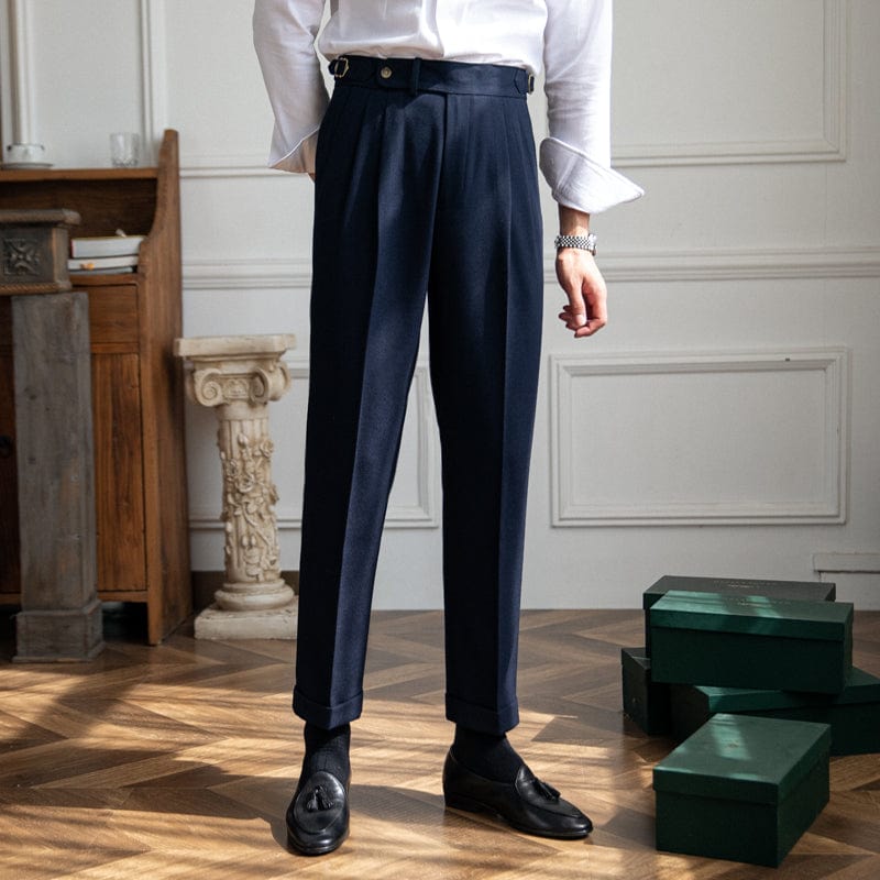 Men’s Tailored Pleated Pants in Deep Navy with Structured Waist and Refined Straight - Leg Silhouette