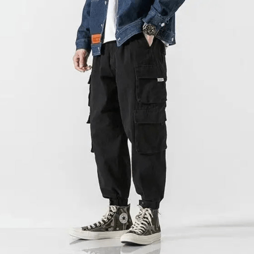 Men's Tapered Cargo Pants with Multiple Pockets - Elastic Cuffs