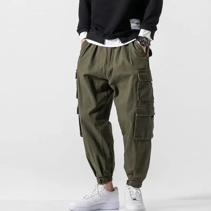 Men's Tapered Cargo Pants with Multiple Pockets - Elastic Cuffs