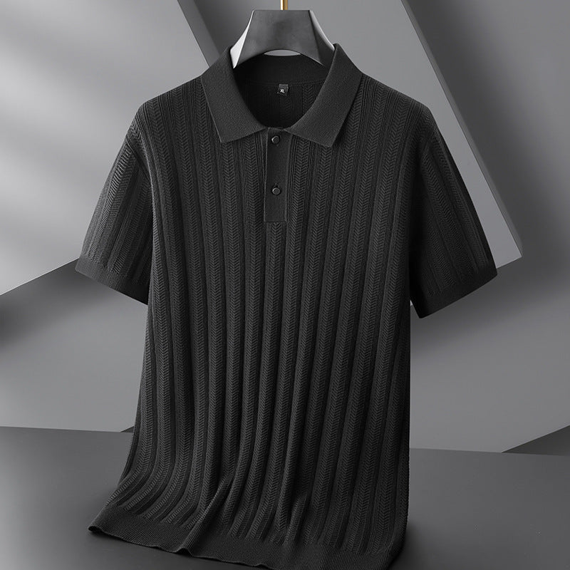 Men’s Textured Knit Polo Shirt with Vertical Pattern and Classic Collar