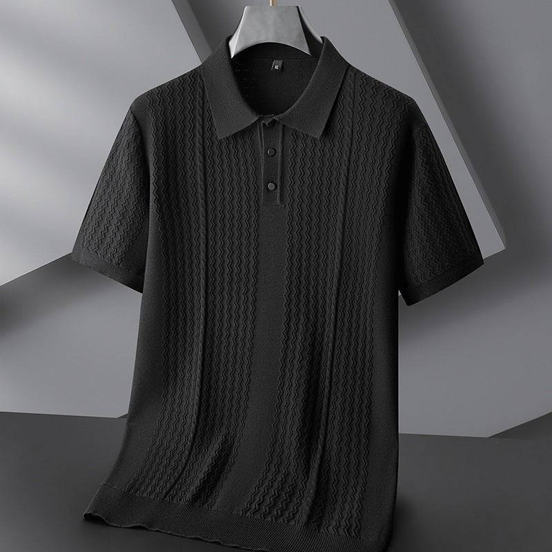 Men’s Textured Knit Polo Shirt with Vertical Pattern and Classic Collar