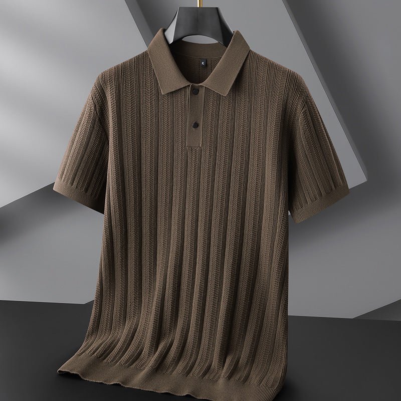 Men’s Textured Knit Polo Shirt with Vertical Pattern and Classic Collar