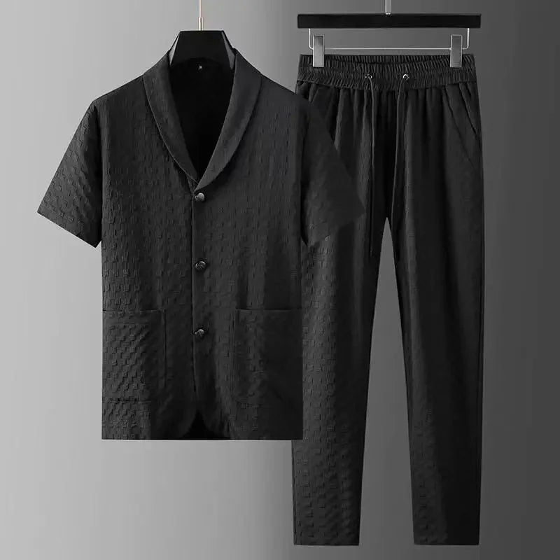 Men's Textured Short Sleeve Shirt - Drawstring Pants Two Piece Set