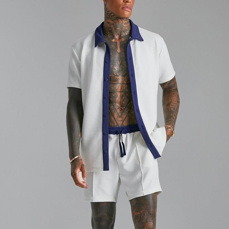 Men’s Two - Piece Summer Short Set – Short Sleeve Button - Through Shirt and Relaxed Drawstring Shorts