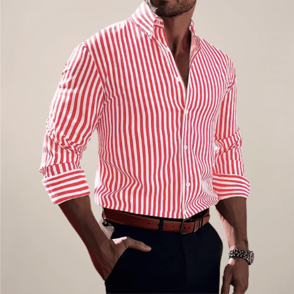 Men’s Vertical Stripe Long Sleeve Shirt with Button Front and Classic Collar