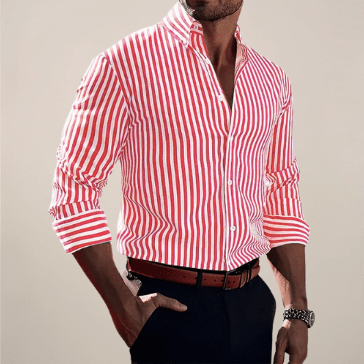 Men’s Vertical Stripe Long Sleeve Shirt with Button Front and Classic Collar