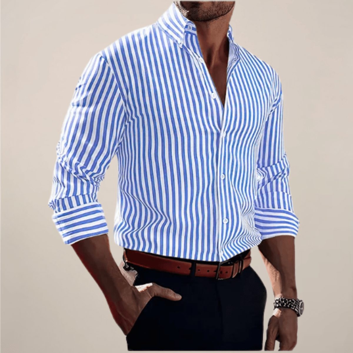 Men’s Vertical Stripe Long Sleeve Shirt with Button Front and Classic Collar