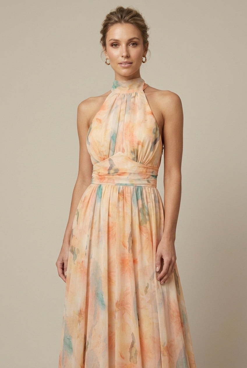 Women's Floral Halter Maxi Dress - Tie Back