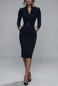 Refined Long Sleeve Midi Dress – Belted Sheath Silhouette for Office and Evening Wear