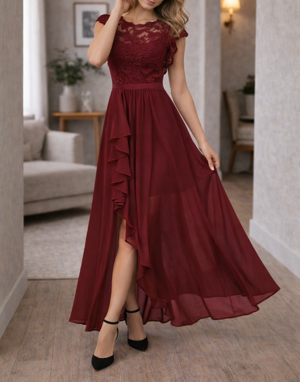Women's Lace Bodice Asymmetrical Ruffle Hem Maxi Dress
