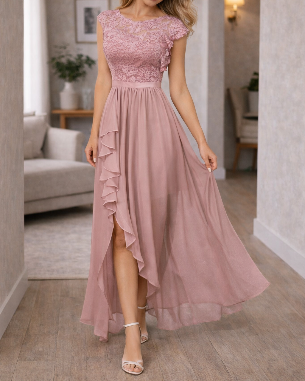 Women's Lace Bodice Asymmetrical Ruffle Hem Maxi Dress