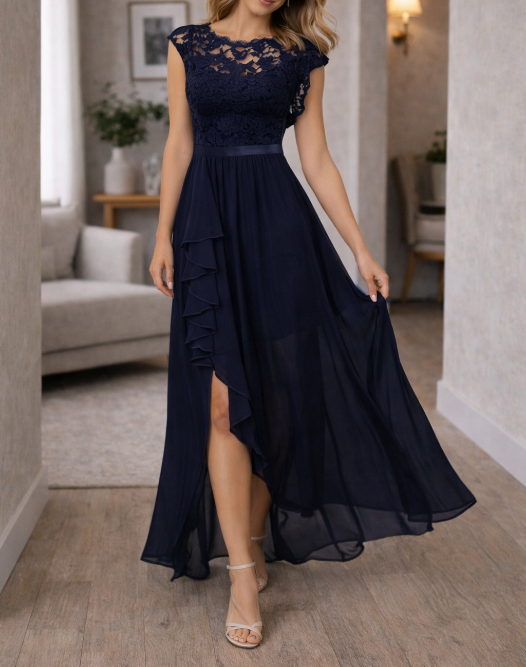 Women's Lace Bodice Asymmetrical Ruffle Hem Maxi Dress
