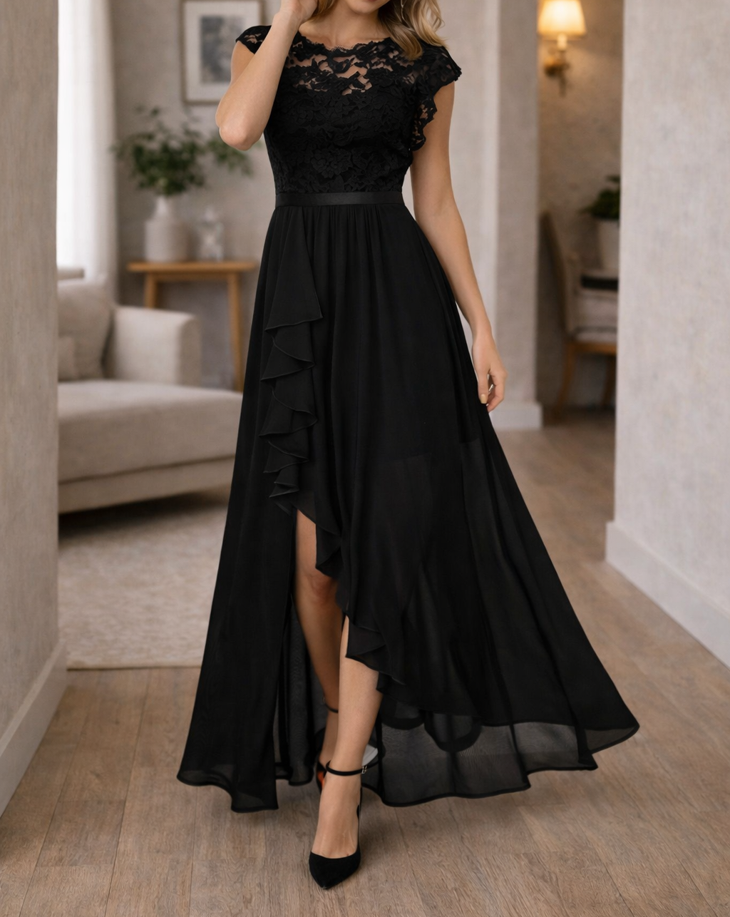 Women's Lace Bodice Asymmetrical Ruffle Hem Maxi Dress