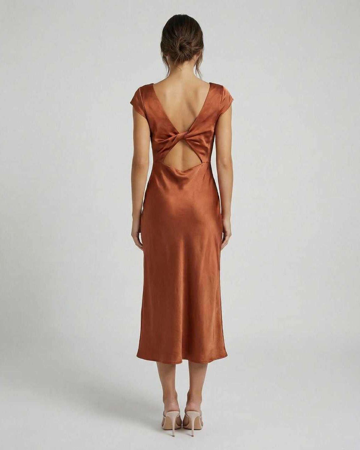Women's Satin Cap Sleeve Boat Neck Midi Dress with Twist Back