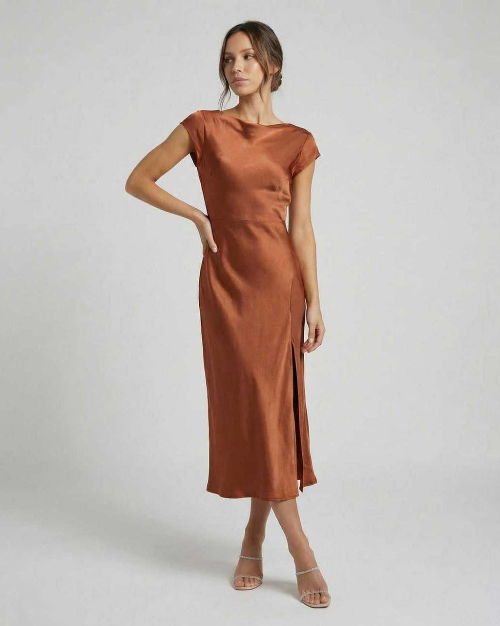 Women's Satin Cap Sleeve Boat Neck Midi Dress with Twist Back