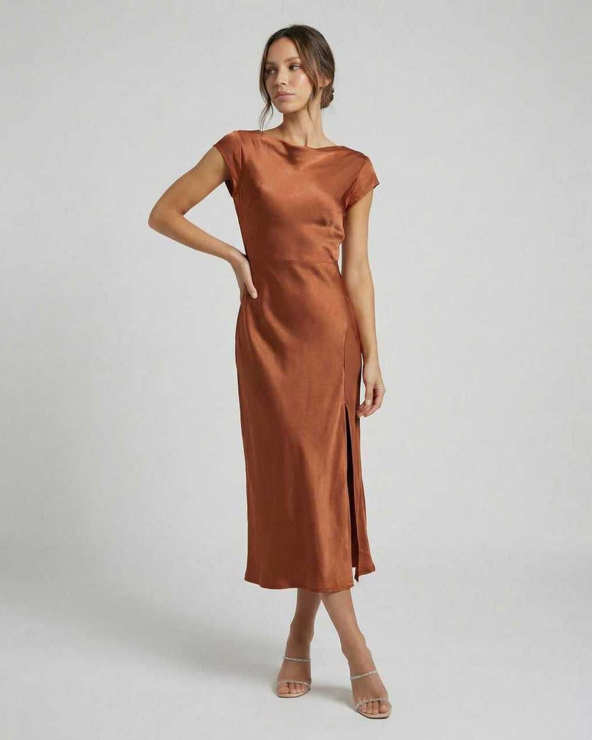 Women's Satin Cap Sleeve Boat Neck Midi Dress with Twist Back