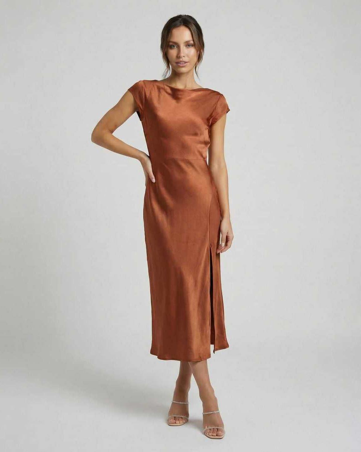 Women's Satin Cap Sleeve Boat Neck Midi Dress with Twist Back