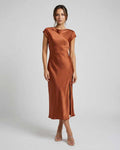 Women's Satin Cap Sleeve Boat Neck Midi Dress with Twist Back