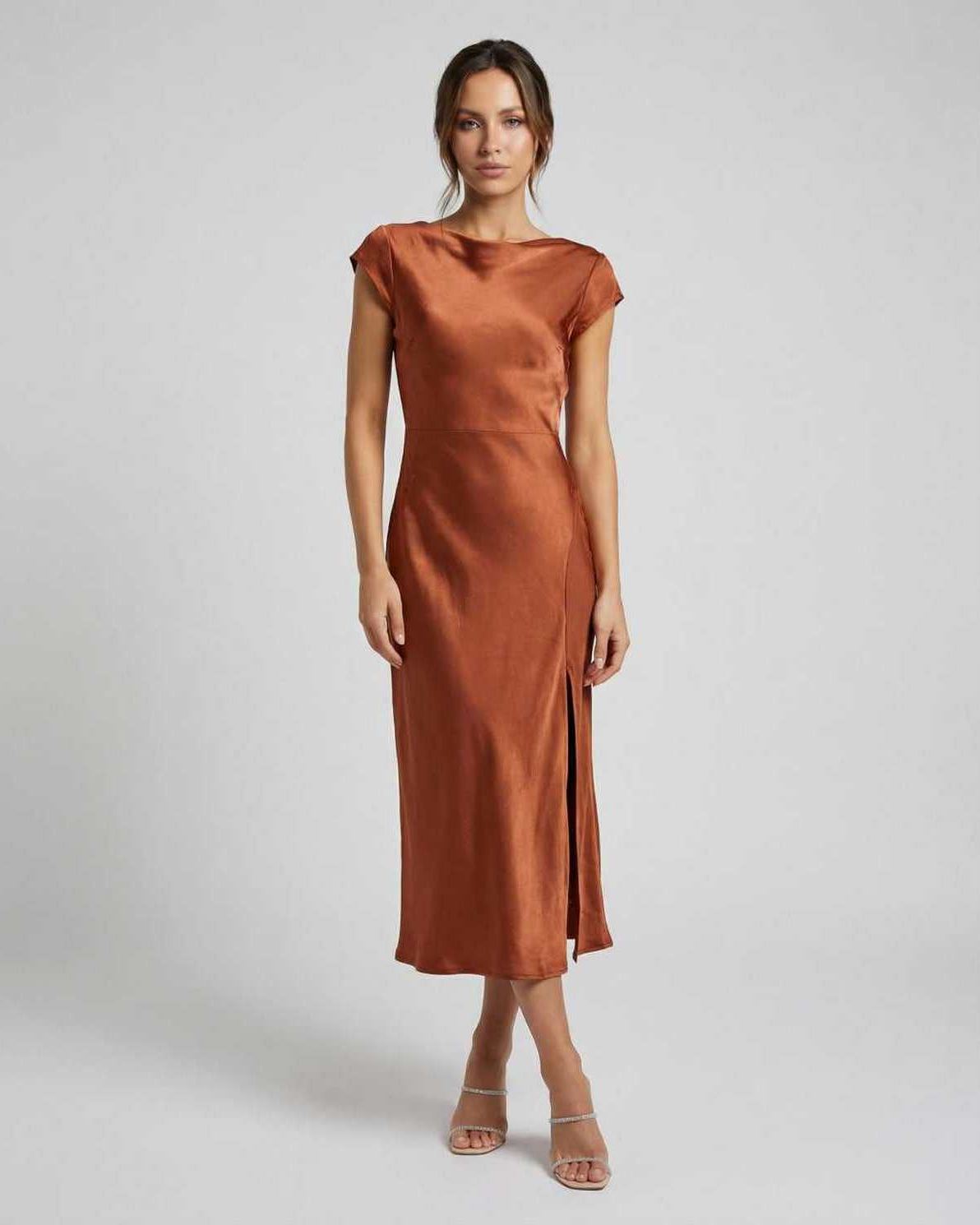 Women's Satin Cap Sleeve Boat Neck Midi Dress with Twist Back