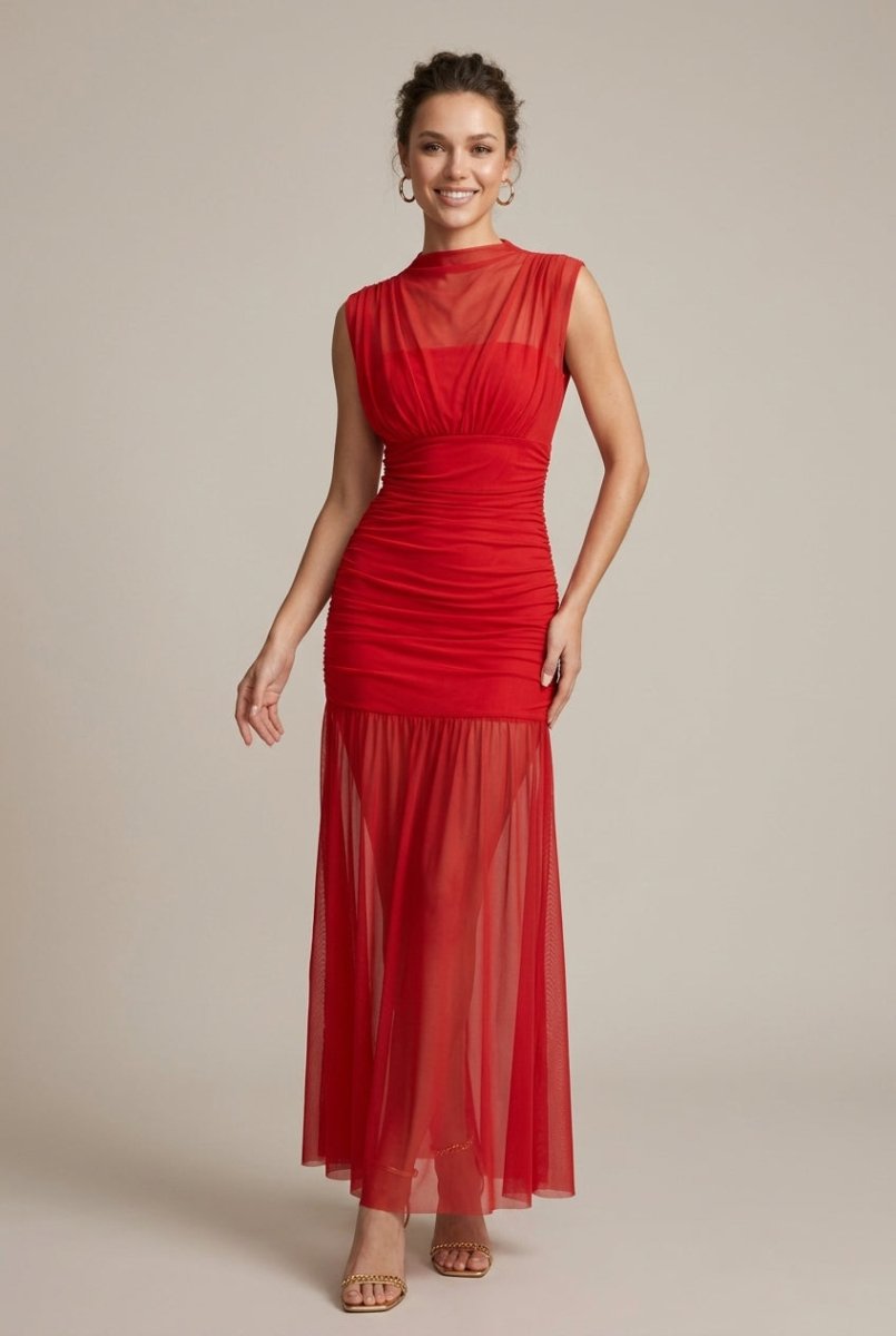 Sleeveless Mesh Drop Waist Maxi Dress – Ruched Body with Sheer Flared Hem