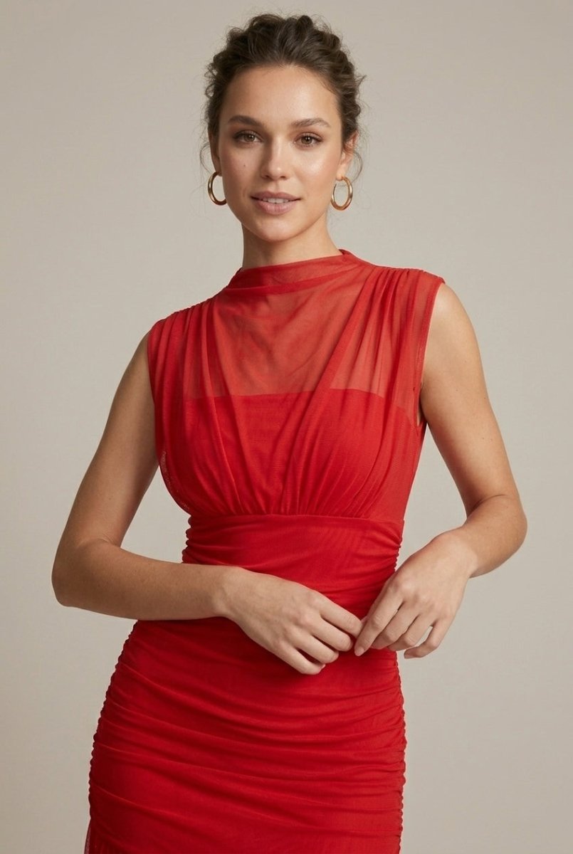Sleeveless Mesh Drop Waist Maxi Dress – Ruched Body with Sheer Flared Hem