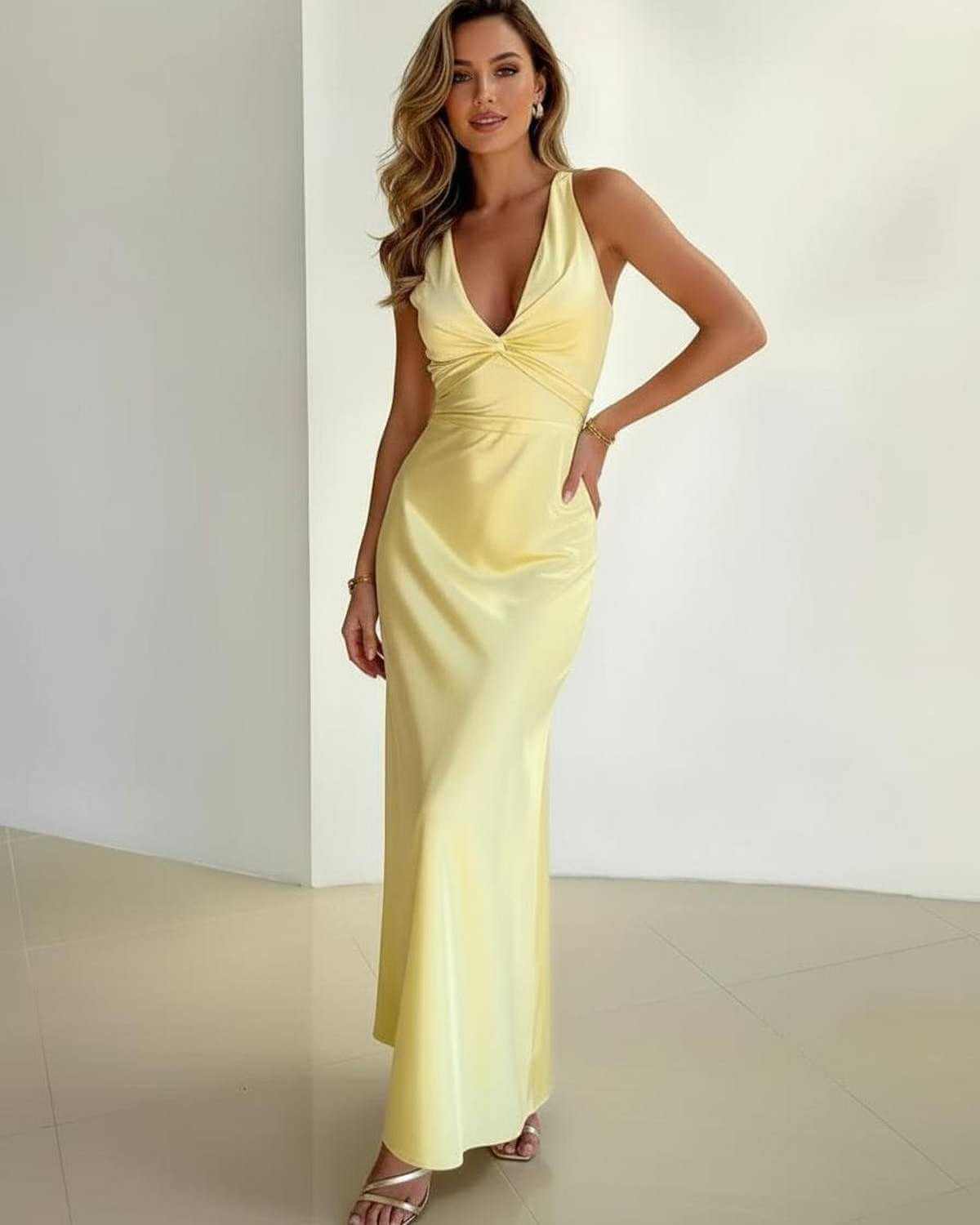 Women's Halter V-Neck Twist Detail Maxi Dress
