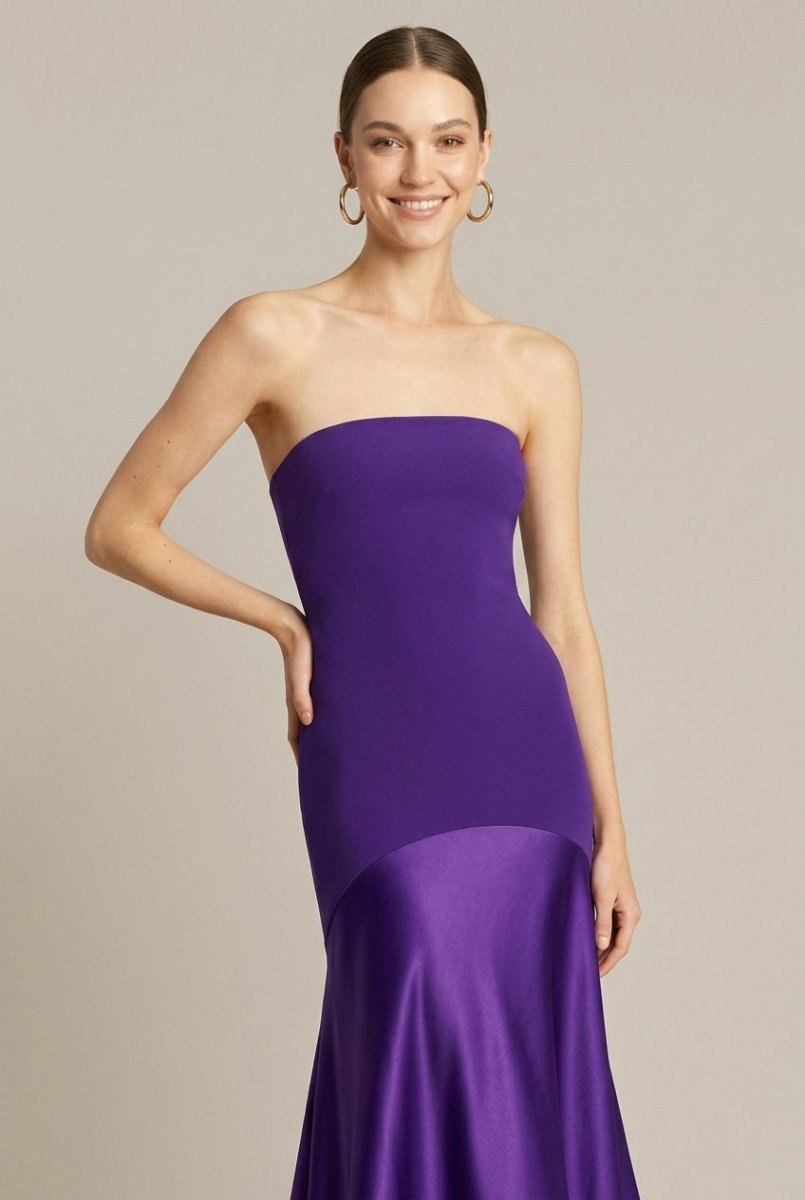 Strapless Drop Waist Maxi Dress – Fitted Bodice with Flared Satin Hem