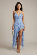 Women’s Asymmetric Ruffle Maxi Dress with Spaghetti Straps – Wedding Guest Dress